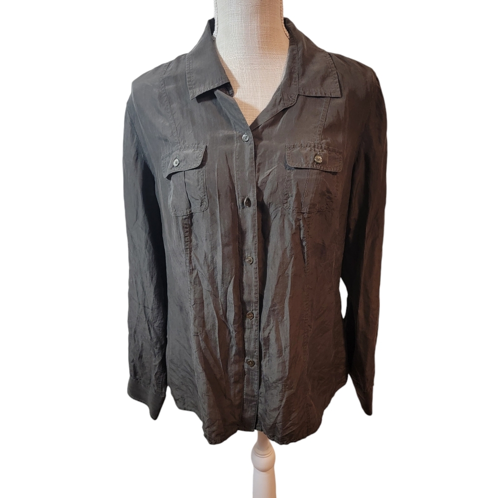 Tommy Bahama Dark Olive Green/Brown Long Sleeve Silk Button Up Blouse Size M
